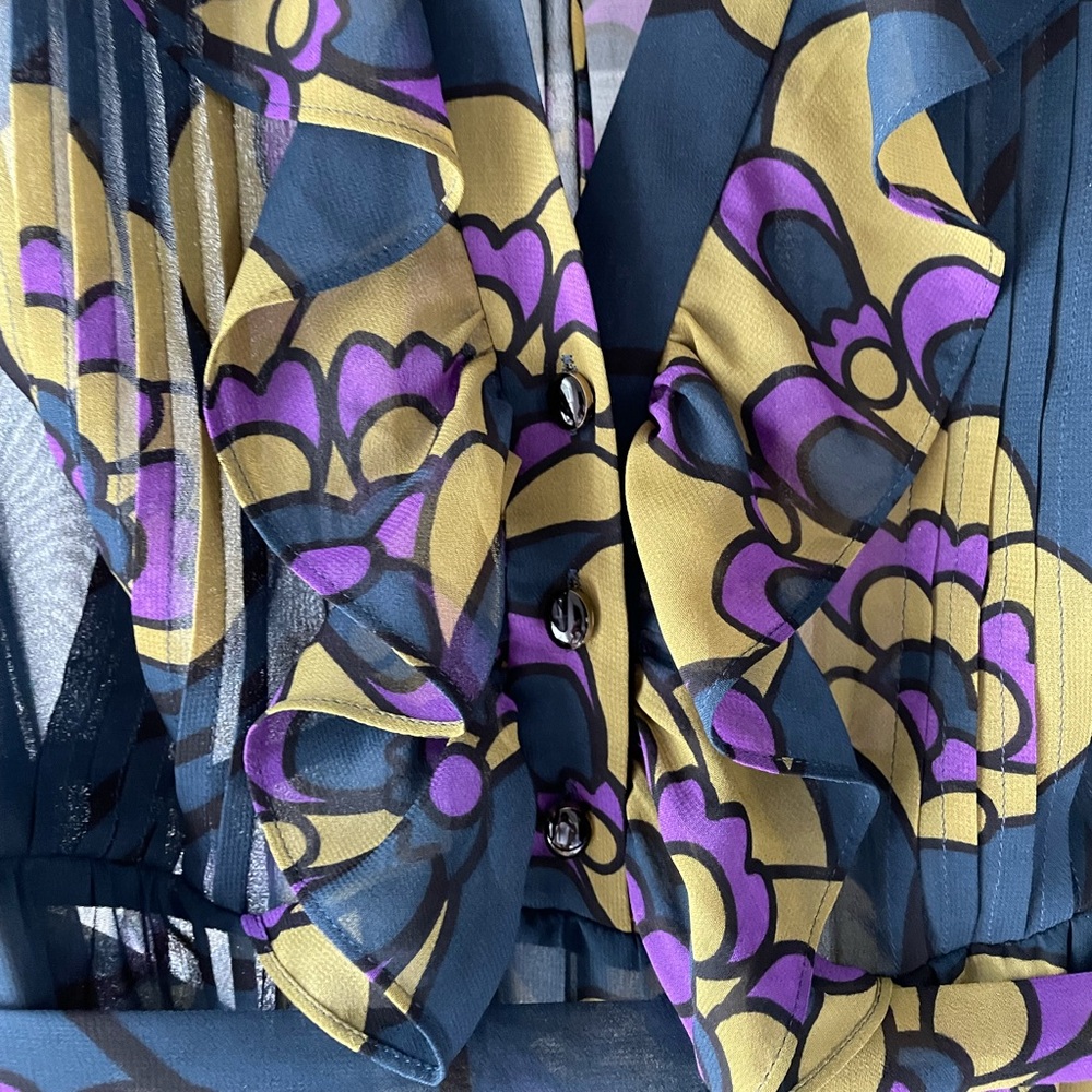 Orla Kiely midi dress teal blue gold purple US 10 EUC